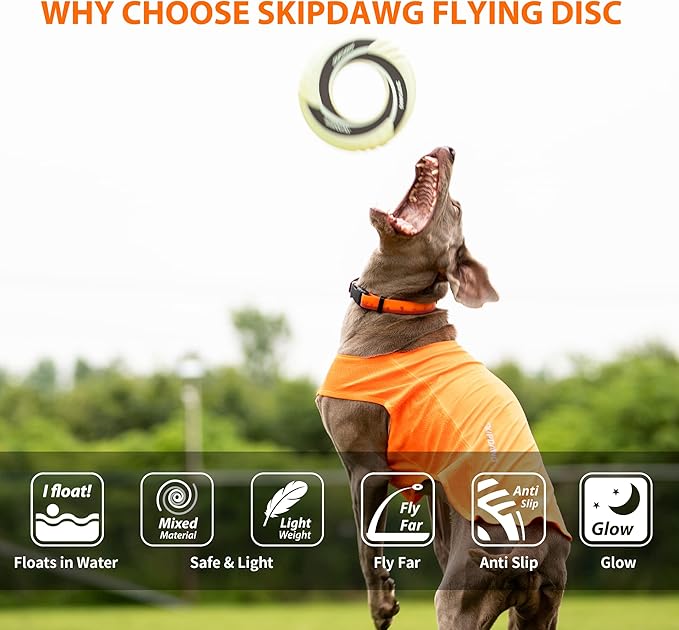 SKIPDAWG Dog Glow Tug Toy, Flying Disc Dog Toy Light Weight TPR/Nylon Fabric Non-Toxic Material, Pet Training Toys/Outdoor Night Exercise Toys for Dogs, Diameter 9 Inches