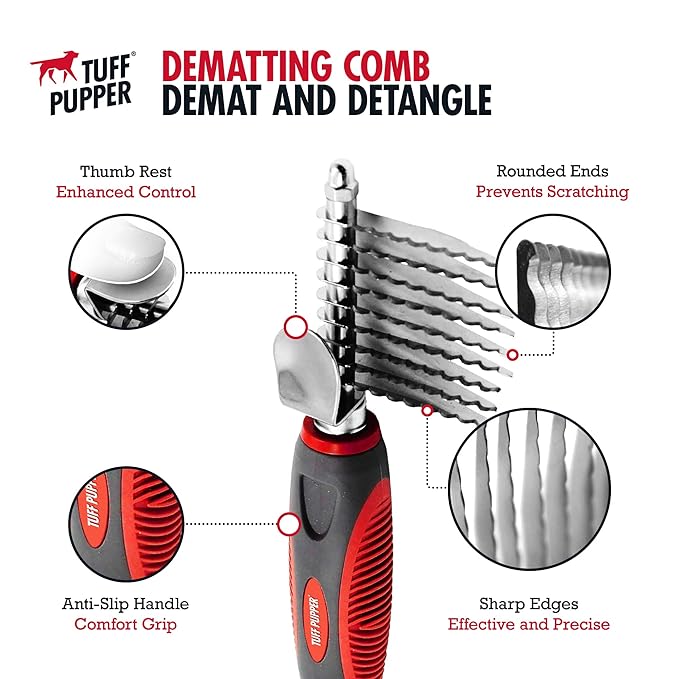 Dematting Comb For Dogs & Cats – Detangling Brush Tool For Dogs Easily & Safely Remove Dead, Matted Or Knotted Hair | Ergonomic, No-Slip Safety Handle for Precision Control | For Poodles & Curly Hair
