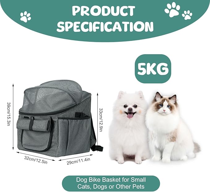 Dog Bike Basket, 12.5 x 11.4 x 15.3 Inches Bike Basket Front Dog Carrier, Expandable Foldable Soft-Sided Dogs Carrier, Universal Fit Cat Dogs Pet Bikes Baskets for Travelling, Camping, Walking (Gray)