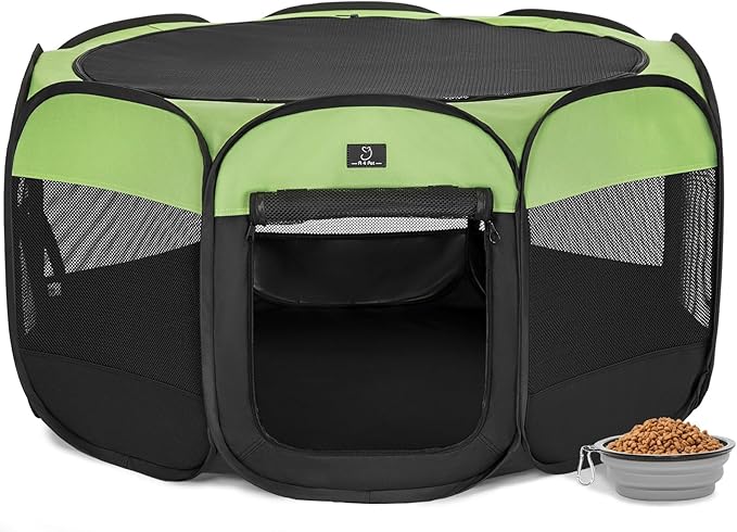 Portable Indoor Dog Playpen for Small Dogs & Puppies by A 4 Pet – 40.55" Pop-Up Soft Puppy Playpens with Bowl, Waterproof Floor, Calm Safe Space for Home, Travel & Daily Use