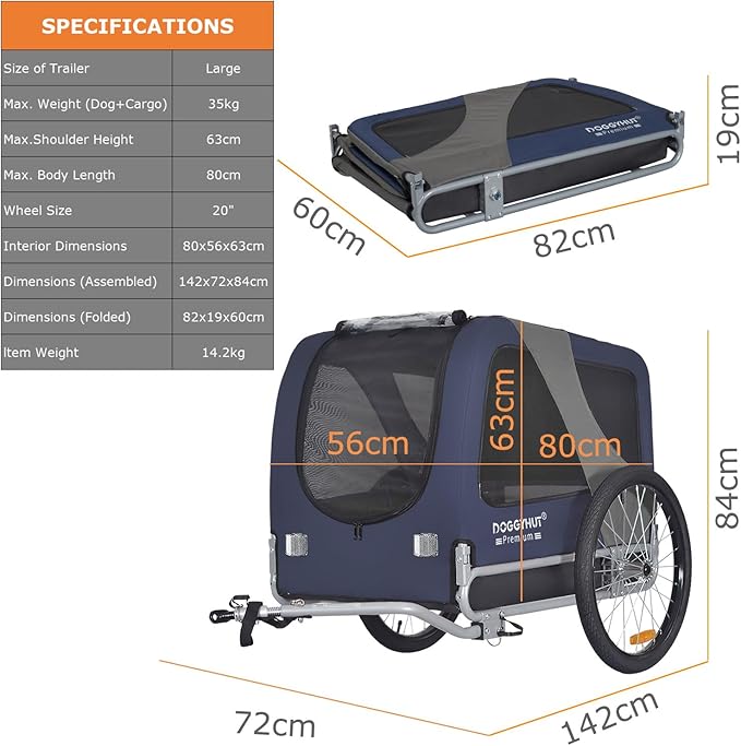 DOGGYHUT® Premium Large Pet Bike Trailer for Medium or Large Dog, Up to 78 lbs,Dog Bicycle Carrier,Low Center of Gravity,Easy Folding Frame