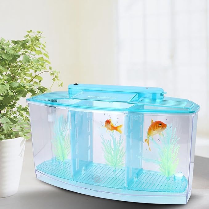 GLOGLOW TripleChamber Fish Breeder Box for Aquarium, Breeding Tanks Transparent LED Acrylic Small Fishes Breeding Isolation Box with Six LED Lights and Water Change Valve Breeder (Blue)