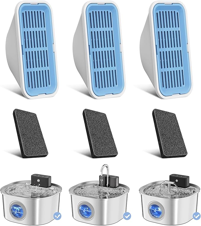 Voluas Replacement Cat Water Fountain Filters, 3 Filters and Pre-Filter Sponges for 108oz/3.2L Stainless Steel Pet Water Fountain 309A/309B/309C