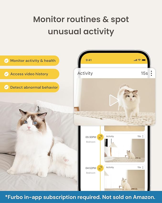 Furbo 360° Cat Camera + Mini [New Subscription Required at Setup] 2-Camera Bundle Nanny Pro Subscription: Cat Safety & Home Security Alerts, Pet Camera with Speaker, Phone App & Night Vision