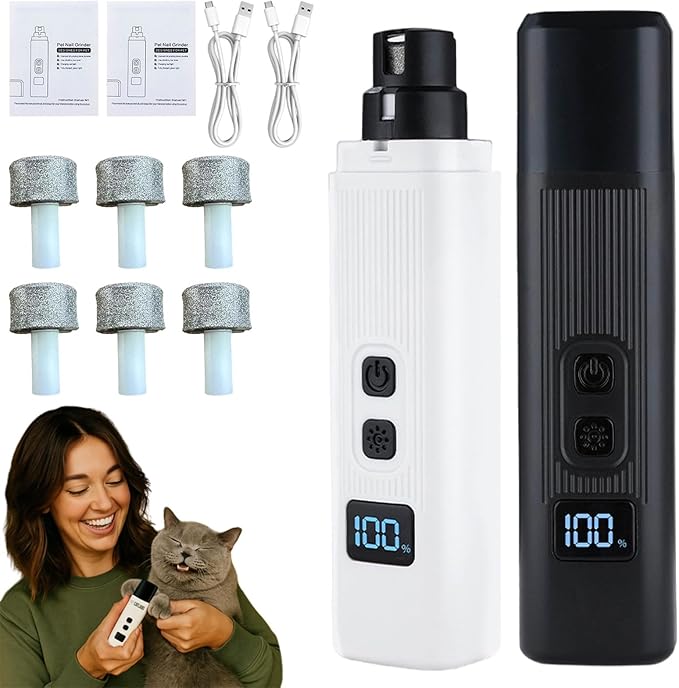 Cat Nail, Nail Trimmer, Dog Nail Grinder, Safe Cut Cat Nail Trimmer, Two Adjustable with 360° Grinding Settings, for All Cats ＆Dogs (White + Black)