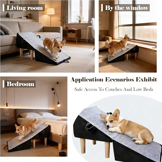 Split Ottoman Dog Ramp for Couch and Low Bed, 2-in-1 Foldable Dog Stairs for Small Dogs and Cats, Wooden Pet Ramp with Non-Slip Surface, Portable Step Stool Design, Black
