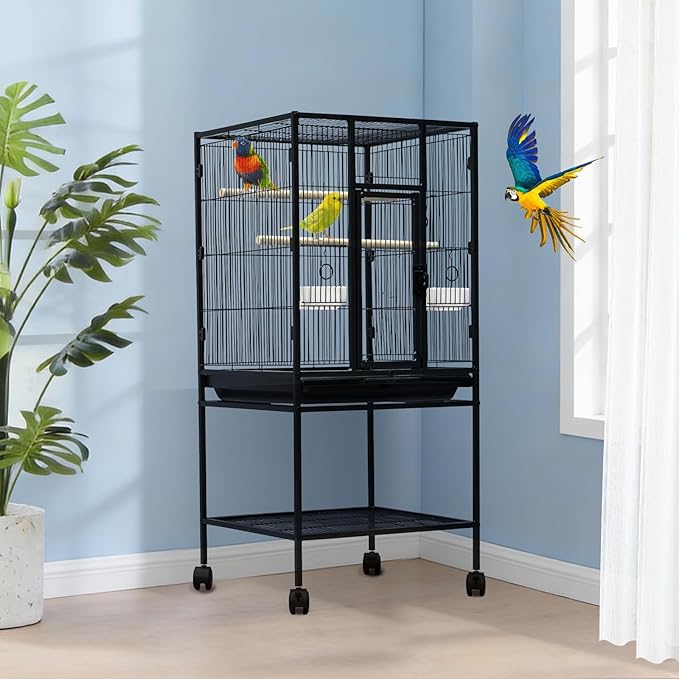 Spacious Metal Bird Cage with Rolling Stand and Storage – Large Flight Cage for Parakeets, Parrots, Cockatiels, Conures – Includes Feed Bowls, Play Top – Durable Pet Aviary – 40.5"/61" Tall