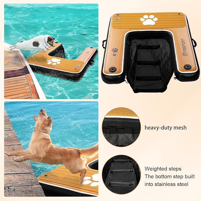 FBSPORT Inflatable Dog Boat Ramp Floating Dock Water Ladder for Pool, Boat, Non-Slip EVA Floating Ladder Pool Ramp for Dog Up to 220 LBs, Safe & Easy Access