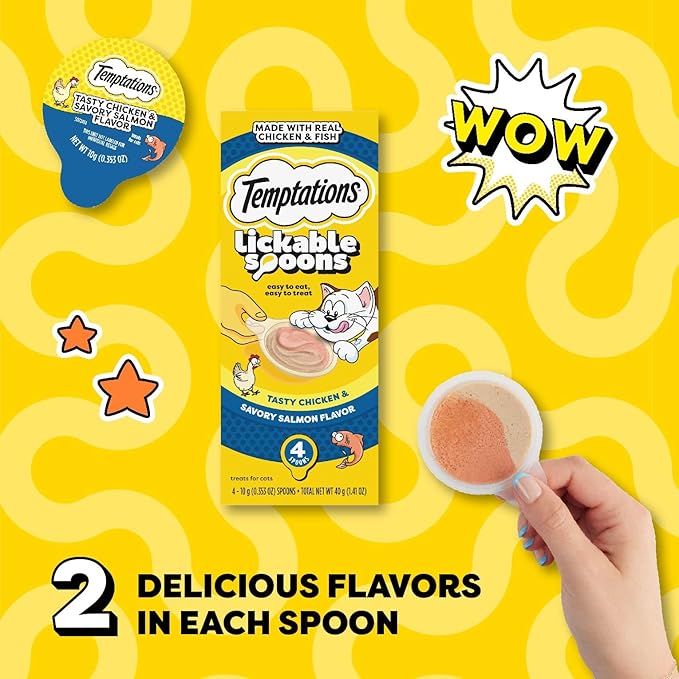 Temptations Lickable Spoons, Soft Lickable Cat Treats, Adult Wet Cat Treats, Tasty Chicken and Savory Salmon Flavor, 4 Spoons, Pack of 12 (48 Total)