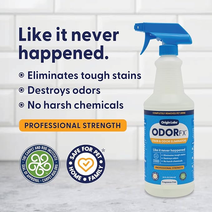 Origin Labs OdorFx Pet Stain and Odor Remover for Pet Stains and Odors, Fragrance Free Rug, Upholstery, and Carpet Cleaner Solution, Probiotics and Enzyme Cleaner Spray No Harsh Chemicals, 32 Fl Oz