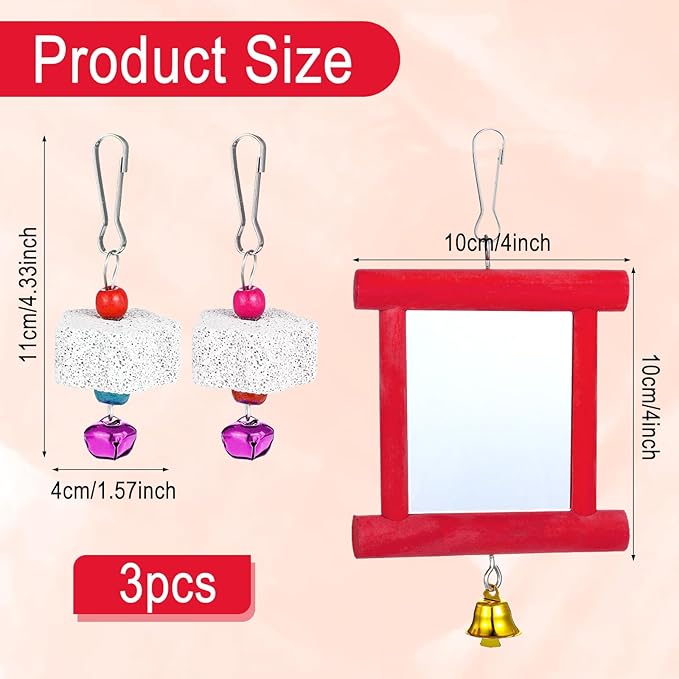 3 Packs Chicken Toys for Coop, Hen Chicken Coop Mirrors Bird Toy with Bells Hanging Parrot Grindstone Bird Beak Stones for Chicks Parrots Birds Hens