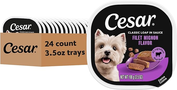 Cesar Classic Loaf in Sauce Adult Wet Dog Food Filet Mignon, 3.5 oz. Easy Peel Trays, 24 Count (Pack of 1)