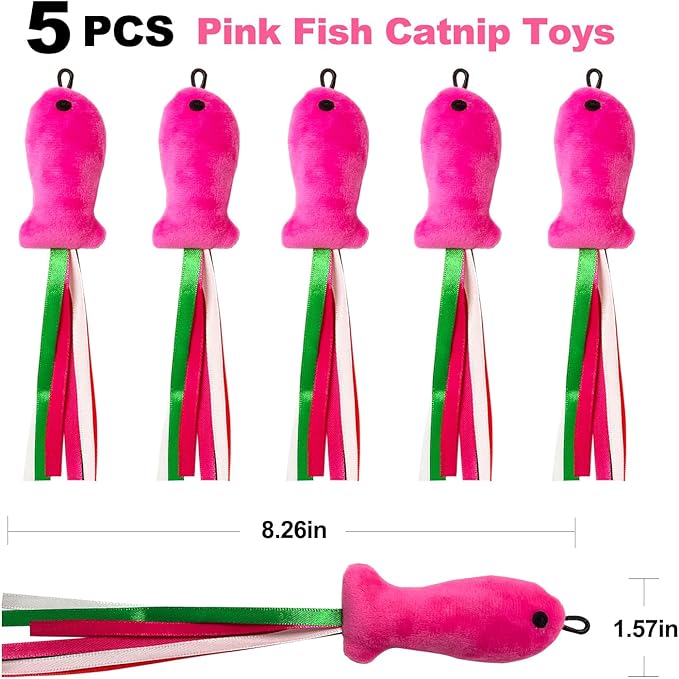 Cat Toys Catnip, 5PCS Floppy Fish Cat Toy Filled Soft Plush, Pink Flopping Fish Chew Kitten Toys, Catnip Wand Toy Attachment with Ribbons, Interactive Cat Toys for Indoor Cats Kitten Play Chew