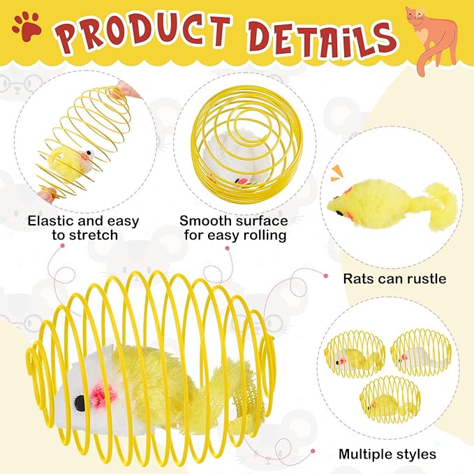 Jecery 5 Pcs Cat Spring Balls Toys Stretchable Rolling Balls Colorful Playful Coils Interactive Action Toy Caged Rats for Kitten Pet Supplies (Yellow Mouse,Yellow)