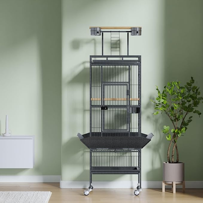 61" Large Bird Cage, Metal Parrot Cage with Play Top, Rolling Stand & Bowls - Bird Aviary for Macaws, Cockatoos, Conures, Black
