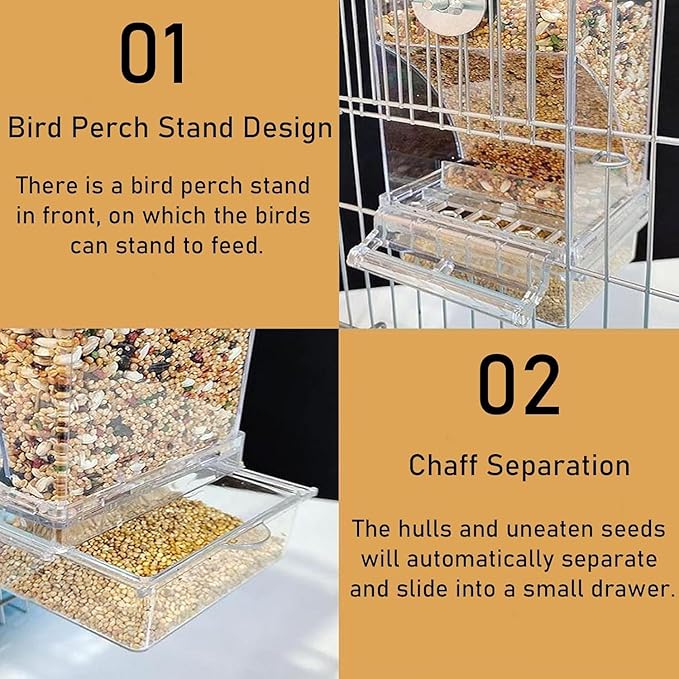 2Pcs Automatic Bird Feeder for Cage No Mess Parakeet Feeder Seed Food Container Feeding Station Cage Accessories for Small Birds Parrot Cockatiel Canary Lovebirds