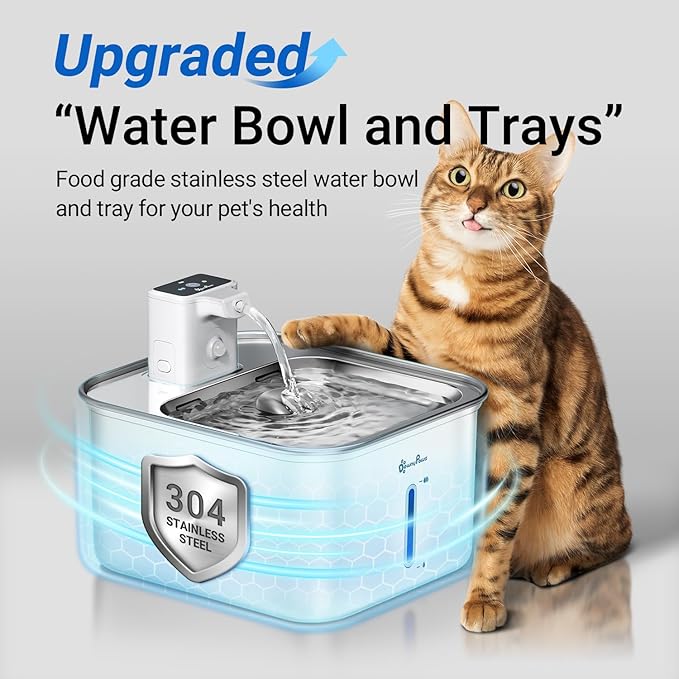 DownyPaws Cat Water Fountain Stainless Steel Wireless, 101 oz/3L FurSink Cordless Water Fountain for Cats, Battery Operated Cat Fountains for Drinking with Motion Sensor, Easy Clean, White