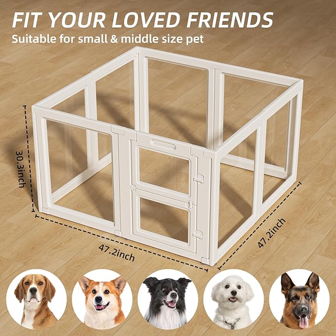 Clear Acrylic Dog Playpen Indoor,Transparent Dog Pen,Easy to Assemble and Clear pet Pen for Puppy Dog, Rabbit and cat,Sturdy and Easy to Clean Plastic pet Fence (White, 30.3" H, 8PCS)