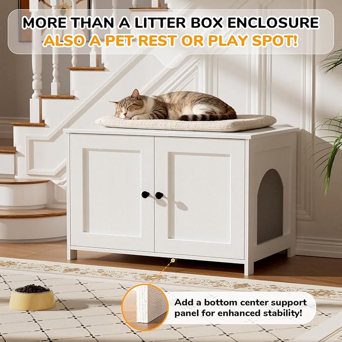 Cat Litter Box Enclosure Furniture Dog Proof, Hidden Kitty Washroom Cabinet Low Entry, Wooden Cat Boxes Enclosure Odor Control for Home, Farmhouse Style Decorative TV Stand with Storage, White