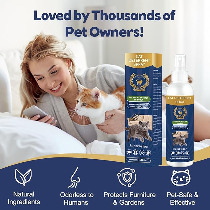 Cat Deterrent Spray - Natural Citrus-Scented, Indoor & Outdoor Training Spray to Stop Scratching on Furniture, Carpets & Curtains (4.06 oz)