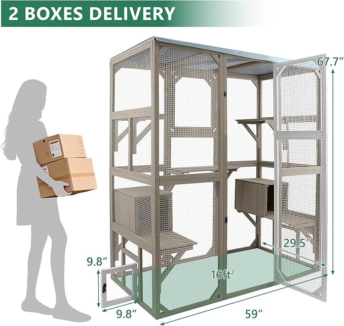 Large Outdoor Cat Catio Enclosures, Wooden Catio Window Cat Patio for Cats Feral with 5 Platforms, 2 Resting Rooms, Waterproof Cover