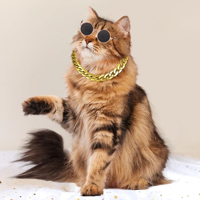 Cat Costume Sunglasses with Collar Chain, Retro Pet Eyeglasses Funny Kittens Costume Docorations Cosplay Dog Puppies Photo Props for Birthday (Gold)