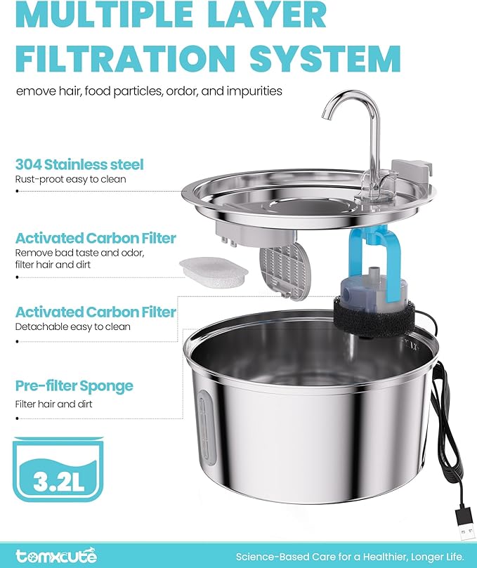 Cat Water Fountain Stainless Steel - 108oz/3.2L Large Capacity Cat Fountain for Drinking, Ultra Quiet Metal Pet Water Fountain for Cats, Small Dogs, Multiple Pets
