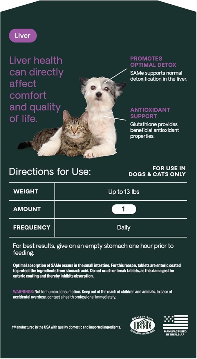 VetriScience Same Liver Health Tablets, 90 mg S-Adenosyl-Methionine Liver Health and Detox Supplement for Cats and Small Breed Dogs Under 13 Pounds, Glutathione Antioxidant Liver Support, 30 Count