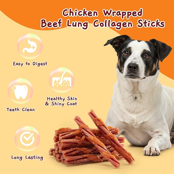 Jungle Calling Beef Collagen Sticks, Long Lasting Dog Chews, Chicken Wrapped Treats, Rawhide Alternative for Small Medium Large Dogs, Dental Health, Beef Lung Flavored Bones,14.1 oz, About 22 Sticks