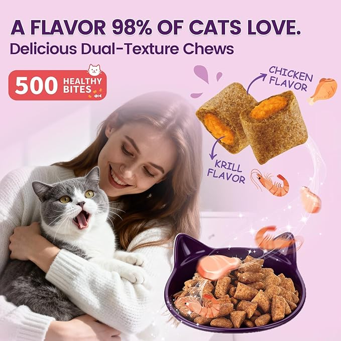 Cat Multivitamin with Fish Oil, 10 in 1 Taurine for Cats Vitamins Treats - 500 Crunchy & Creamy Chews Supports Energy, Bone, Joint, Skin & Coat Health - with Omega 3s, Biotin for All Breeds & Ages