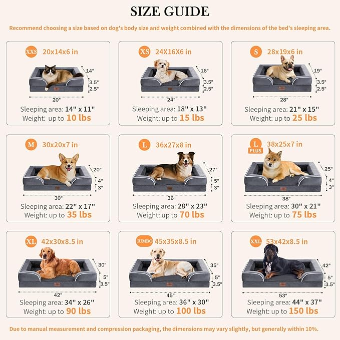 Comfort Expression Orthopedic Dog Bed for Extra Large Dogs 53x42 Inch, Waterproof Egg Crate Foam XXL Pet Bed with Removable Bolsters, Dog Couch with Washable Cover & Non-Slip Bottom, Dark Grey