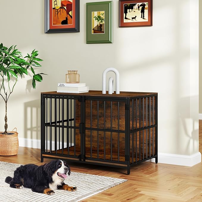 PETSITE 40 Inch Industrial Dog Crate Furniture, Heavy Duty Wooden Dog Kennel with Double Lockable Doors, Decorative Dog Cage End Side Table for Small and Medium Sized Dogs (Rustic Brown)