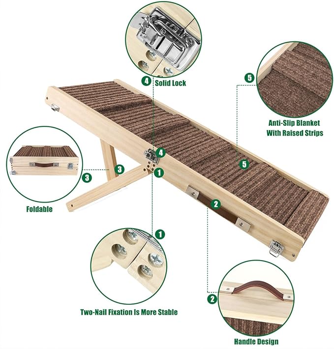 Okydoky Small Dog Ramp, Adjustable Portable Folding Wooden Pet Ramp, 32" Long with Non-Slip Traction Mat, Adjustable from 9" to 17.5", Dog Climbing Ladder for Sofa,Couch,Car(Brown) NO.LGPT2