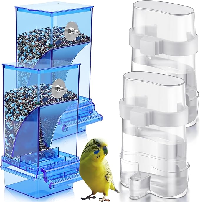 Yaomiao 4 Pcs No Mess Small Bird Feeders Automatic Parakeet Water Dispenser Clear Quail Feeder and Watered Cage Accessories for Small and Medium Parakeet Cockatiel Canary(Assorted,Blue)