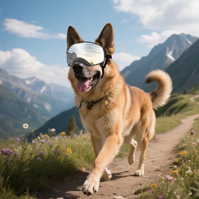 Dog Sunglasses UV Protection Silver Dog Goggles Windproof Glasses with Elastic Straps for Medium-Large Breed, Black Frame + Silver Lens