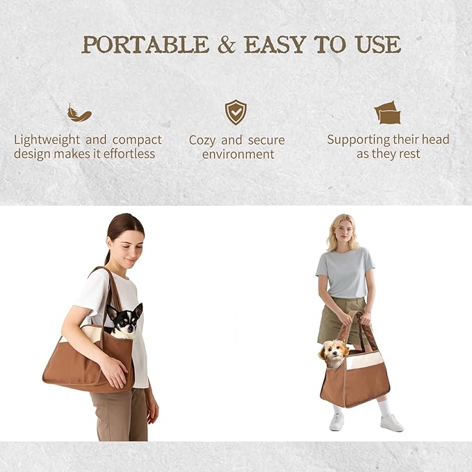 Dog Cat Purse Carrier for Small Pets, Dog Carrier with Secure Harness Clip, Zipper Closure Small Dog Cat Bag Carrier for Pets-Brown, Up to 15 Lbs