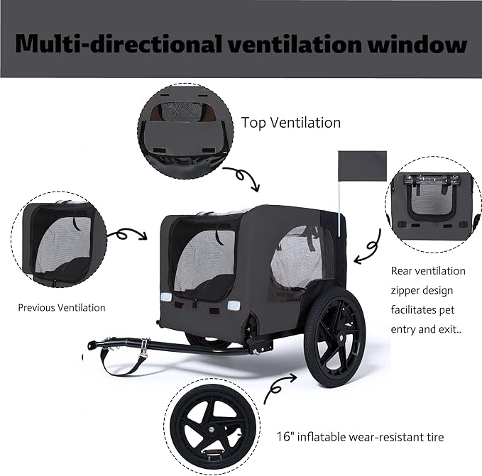 Collapsible Pet Bike Trailer, Portable Dog Bicycle Trailer with Enhanced Safety Design, Weatherproof & Ventilated Pet Carrier for Small to Medium Pets Up to 66 lbs (Dark Grey)