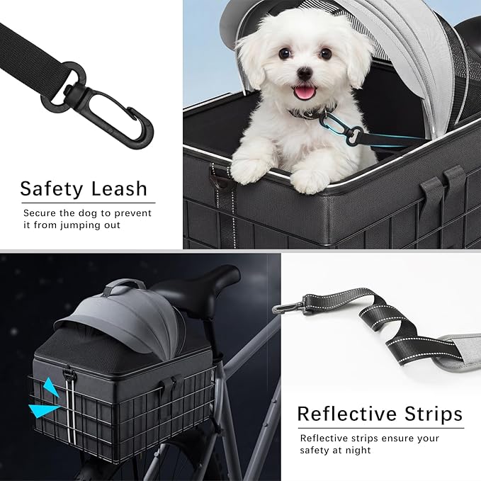 YEEGO DIRECT Dog Bike Basket for Rear Rack, 2-in-1 Pet Carrier & Cargo Basket, Detachable Dog Carrier for Bicycle with Safety Leash, Fits Small Medium Dogs Cats up to 25 LBS, Basket Patented Design