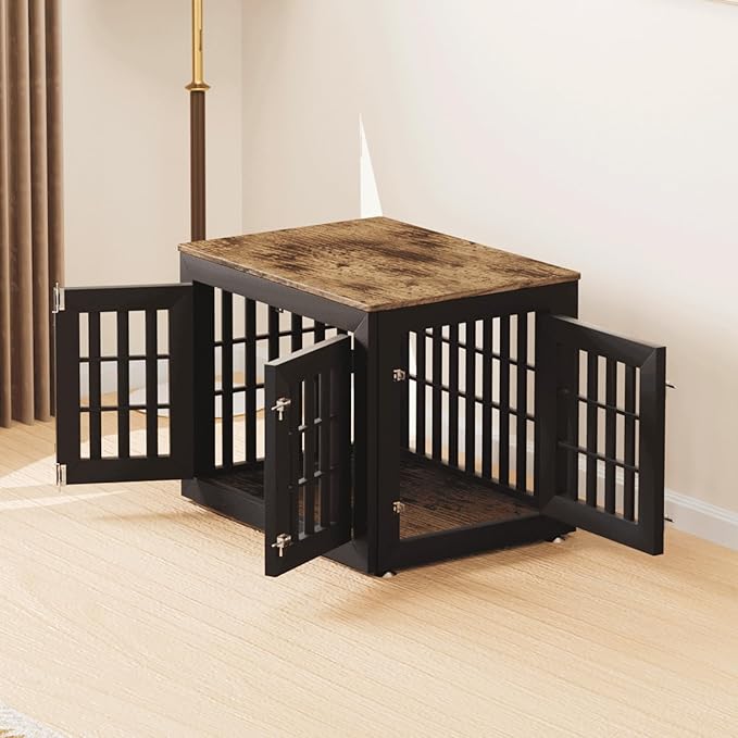 32" Heavy Duty Dog Crate Furniture for Small,Medium and Large Dogs,Rustic Wooden Dog Cage Kennel Indoor Furniture with Waterproof Top,Decorative Pet House Side End Table (Black & Wood)