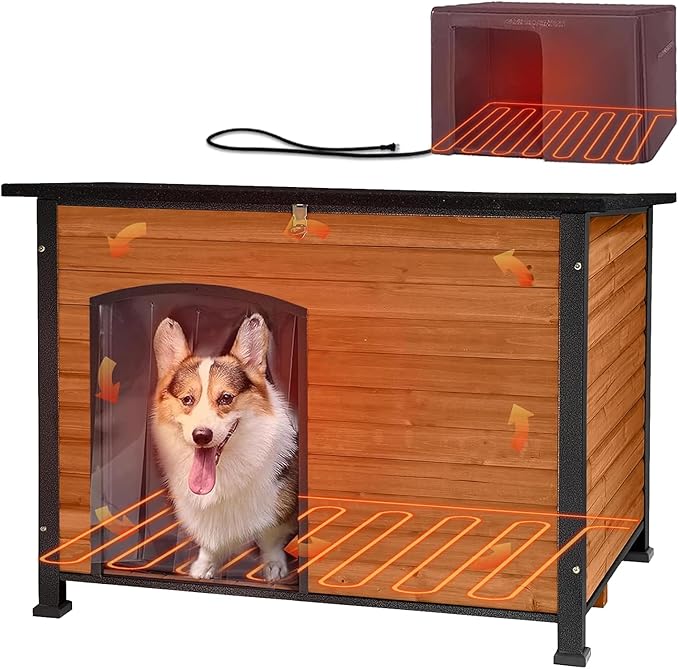 GUTINNEEN Heated Dog House Outdoor 43.3" L Insulated Dog Kennel with Metal Frame Large Dog Crate for Medium to Large Dogs Outside with Heater and Insulated Liner for Winter, Brown