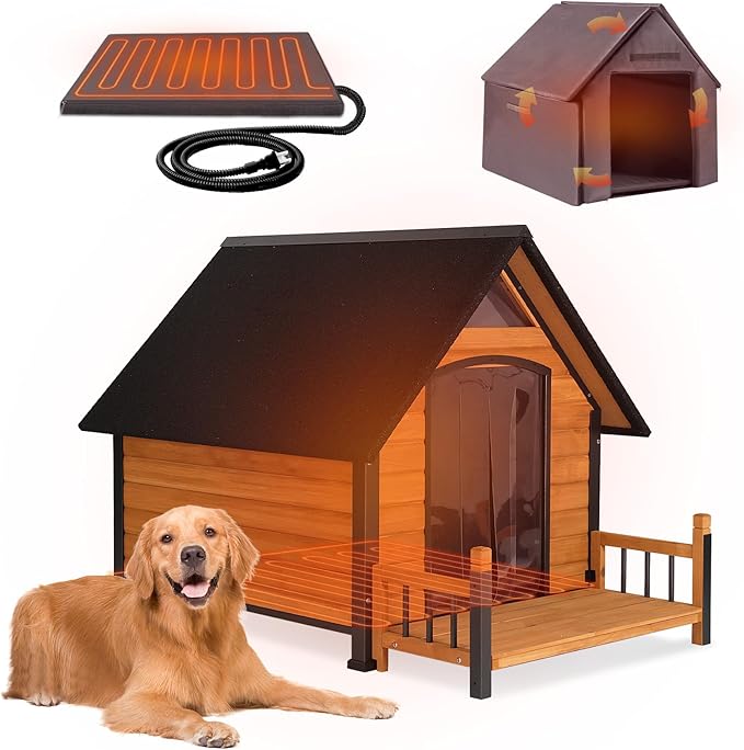 GUTINNEEN Outdoor Heated Dog House Anti-Bite Weatherproof Dog Kennel Puppy Shelter Indoor with Heating Pad, All-Around Insulated Liner and Porch for Large Breed, 45" D x 32.9" W x 32.6" H (Brown)