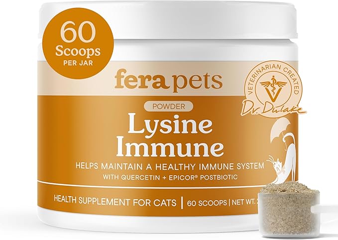 Fera Pets Lysine Powder for Cats - Immune Support Supplement with Quercetin & Postbiotics - Promotes Respiratory Health & Normal Inflammatory Response - Helps Maintain Normal Eye Health - 60 Scoops