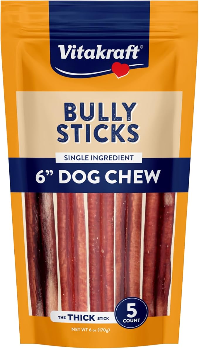 Vitakraft Dog Bully Sticks, 6 Inch, 5 Count, Thick, All-Natural Beef Chews for Dogs, 6 oz