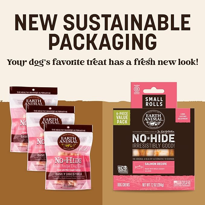 Earth Animal No Hide Chews - Long Lasting Rawhide Free Small Dog Chews Rolls, Salmon - 6 Count