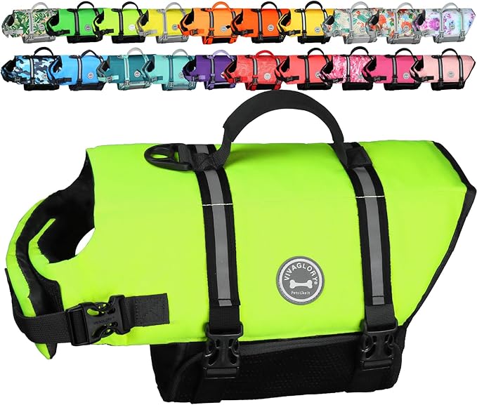 VIVAGLORY Rip Stop Dog Life Vest, Swimming Vest with Handle, Buoyancy for Doggy Puppy, Dog Life Jacket for Swimming & Boating, XL, Bright Yellow