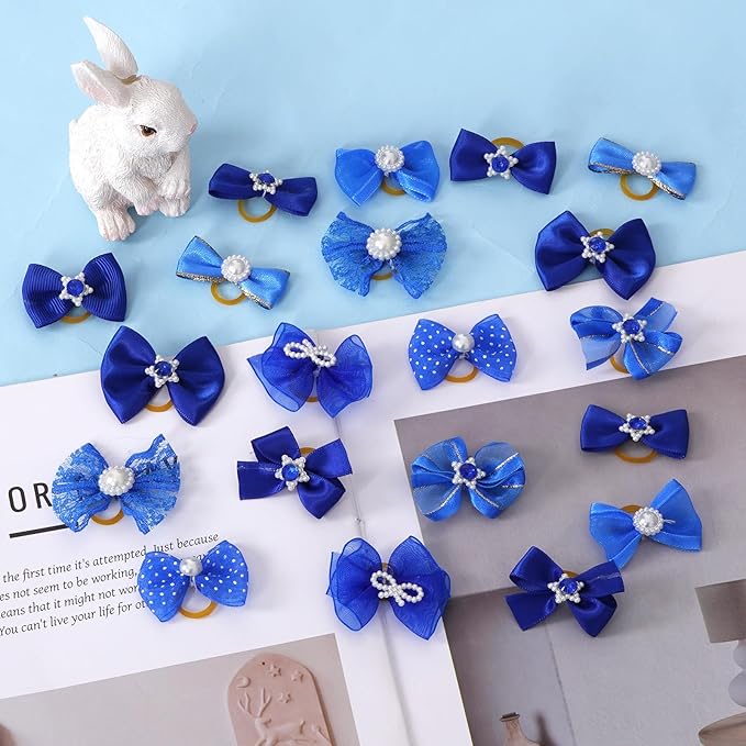 20 PCS Cute Dog Hair Bows with Rubber Bands Elastic Handmade Mix Style Lace Rhinestone Pearls for Furry Puppy Cat Pet Girl, Dark Blue