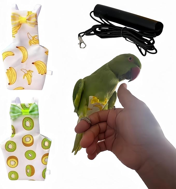 2 Pcs Bird Diapers Bird Harness Flight Suits Diapers with 80 Inch Flying Leash Reusable Parrot Nappy with Waterproof Inner Layer for Cockatiel Budgie Conure Parakeet Lovebird-Kiwi&Banana