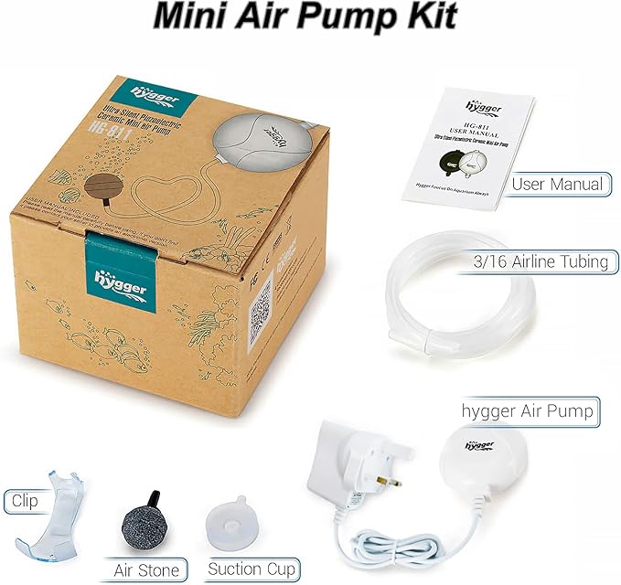 hygger Quiet Aquarium Air Pump 1.5 Watt Energy Saving Mini Oxygen Pump for 1-15 Gallon Fish Tank with Accessories White