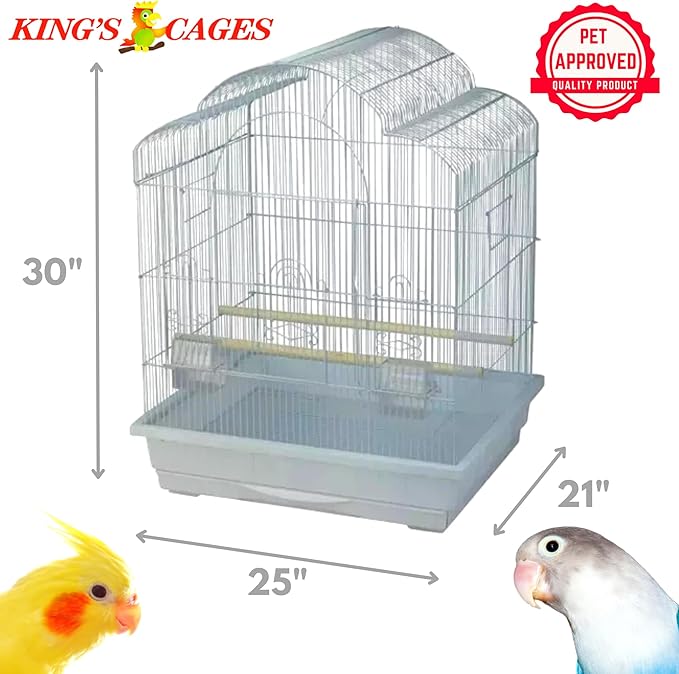 Kings Cages Model ES 2521 T Triple Top Bird Cage 25" x 21" x 30" Powder-Coated Non-Toxic Spacious Cage for Cockatiels Finches Parakeets Canaries and Similar Breeds (White)