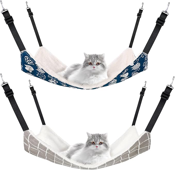 Jetec 2 Pack Cat Hammock for Cage, Catio Accessories Reversible Soft Cats Bed with Adjustable Straps and Hooks Double-Sided Linen and Fleece Hanging Hammock for Cats, Kitten(Cat and Plaid,S)